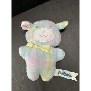 Playskool Baby Blankies Plaid Lamb RARE  6” Plush Stuffed Rattle Vintage 1980s